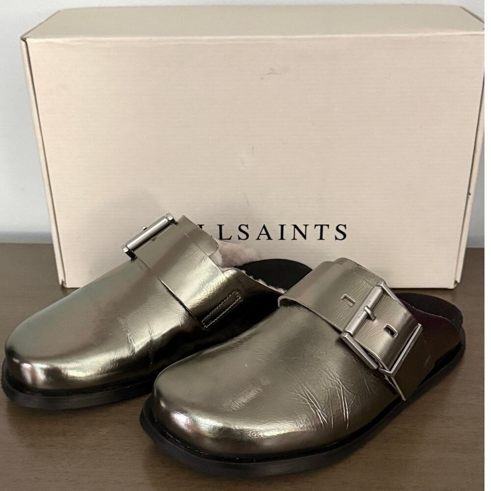 Womens AllSaints Eris Slip On Lambskin Mules Sz 8 Gun Metal Grey New Retail $349